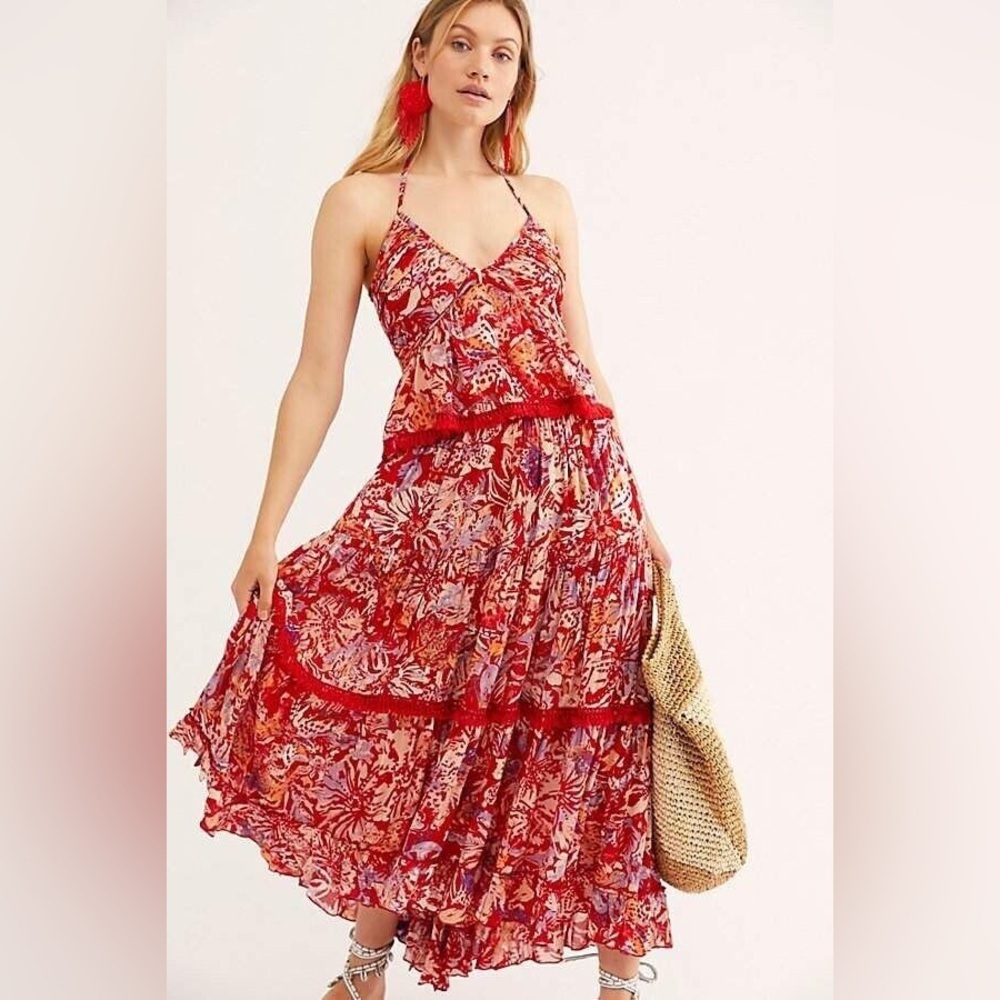 FREE PEOPLE kahlo  Red Floral Boho 2-Piece Halter Top & Tiered Maxi Skirt Set xs - Picture 4 of 16